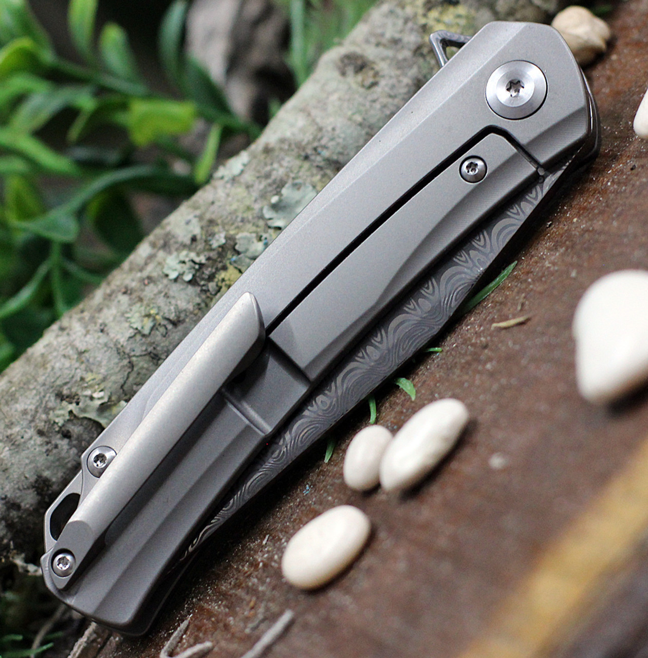 Kansept Knives Gremlin (K2003A4) 2.91" Damasteel Stonewashed Clip Point Plain Blade, Gray Titanium Handle with Red and Black Carbon Fiber Inlay