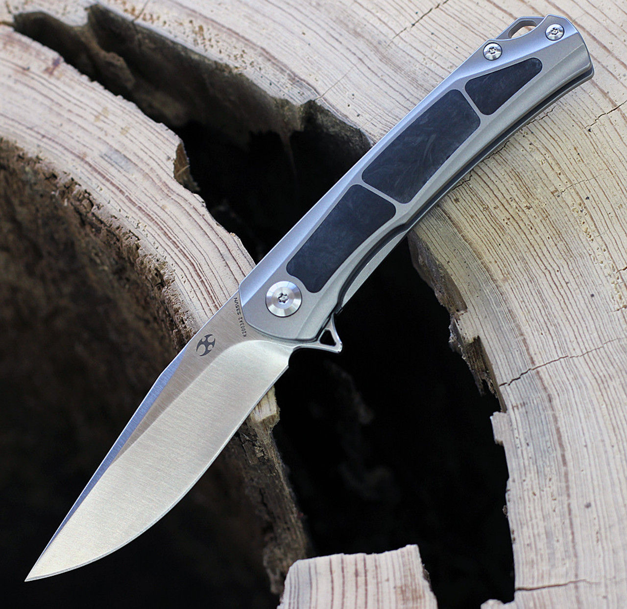 Kansept Knives Gremlin (K2003A2) 2.91" CPM-S35VN Stonewashed Clip Point Plain Blade, Bead Blasted Titanium Handle with Black Carbon Fiber Inlay