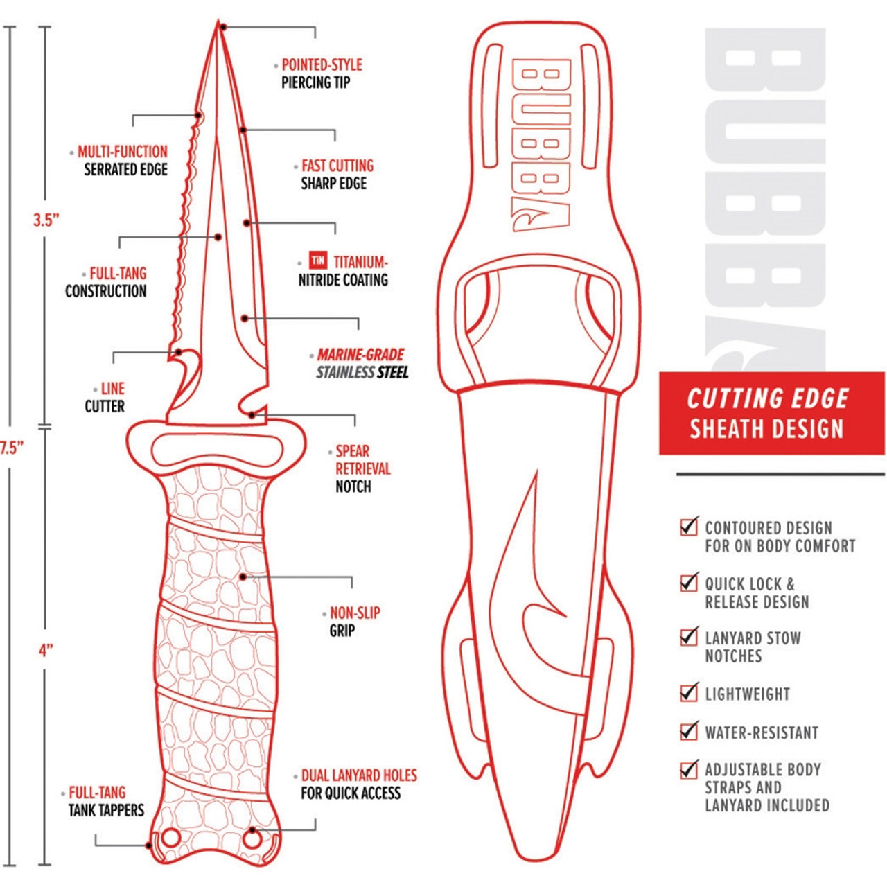 Bubba Blade Pointed Scout Dive Knife, 1107806, 3.5" Gray Double Edge Combo Blade, Red TPR Handle, Polymer Sheath