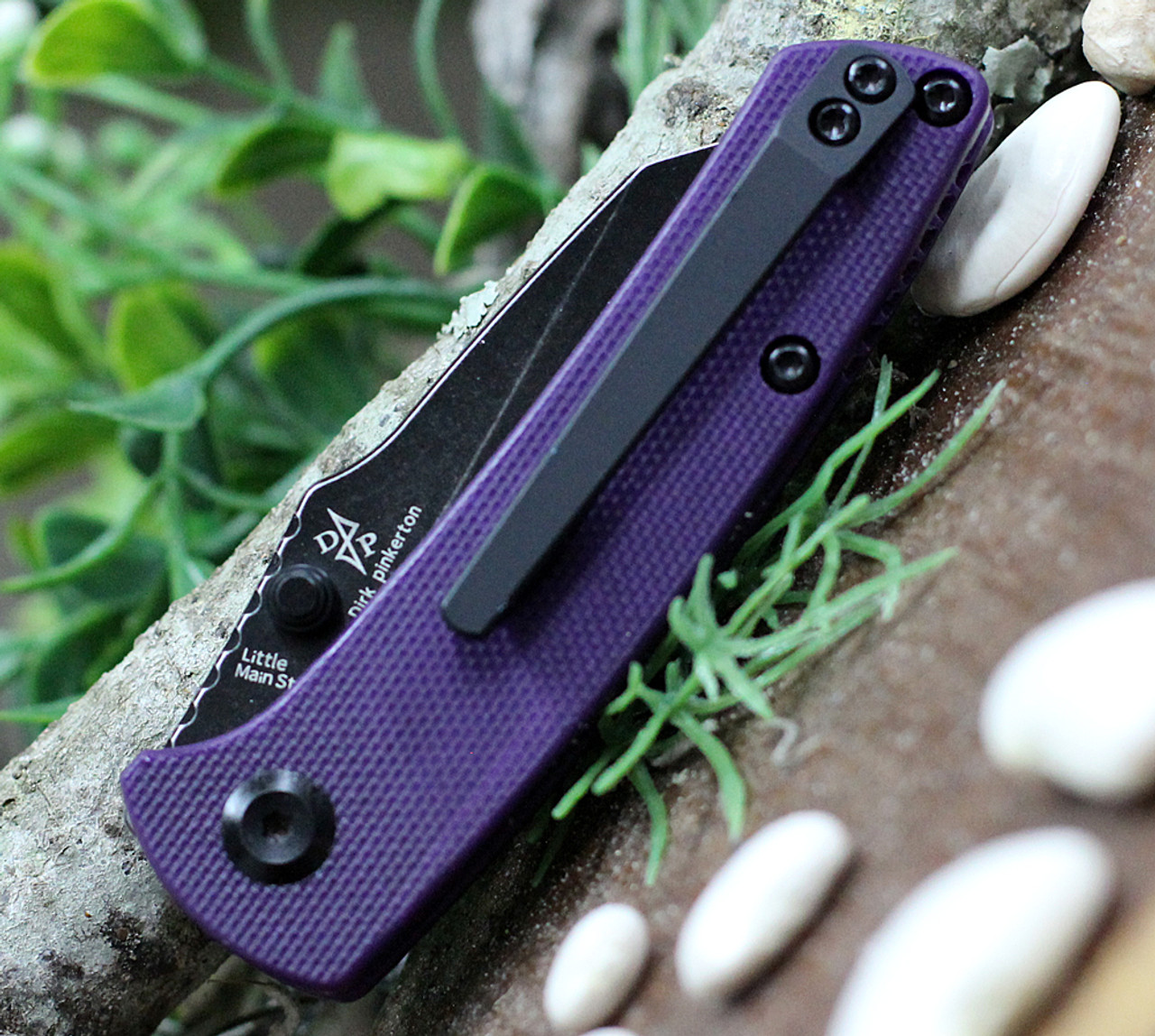 Kansept Knives Little Main Street (KT2015A6) 2.25" 154CM Blackwashed Reverse Tanto Plain Blade, Purple G-10 Handle