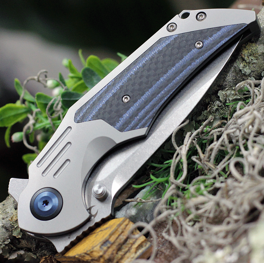 Kansept Knives Delta (K1011A1) 3.54" CPM-S35VN Stonewashed Drop Point Plain Blade, Gray Titanium Handle with Blue Carbon Fiber Inlay