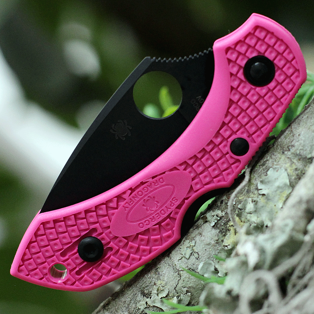Pink Heals Spyderco Dragonfly 2 in open position showing the TiCN finished blade.