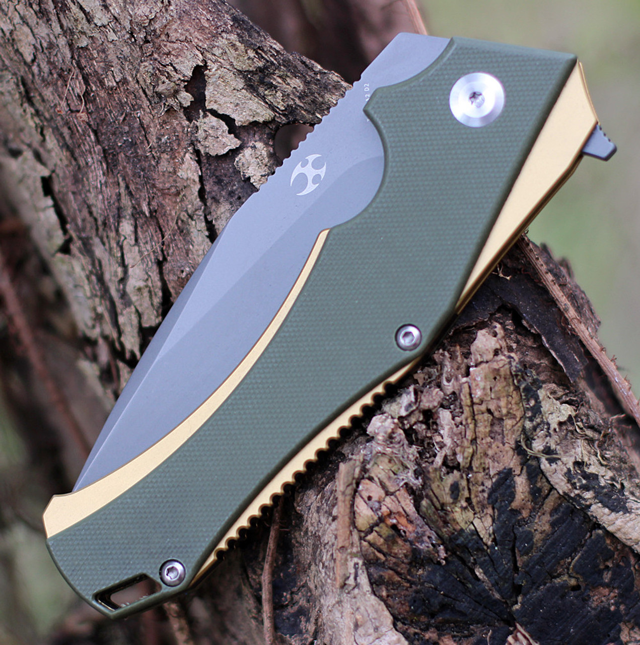 Kansept Knives Hellx (KT1008A2) 3.6" D2 Gray Coated Drop Point Plain Blade, Gold Anodized Stainless Steel Handle with OD Green G-10 Onlay