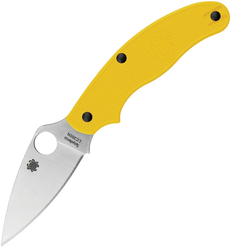 The Spyderco UK Penknife Salt C94PYL is shown open, with its satin leaf-shaped CPM MagnaCut blade and Trademark Round Hole extending from a bright yellow FRN handle with a wire pocket clip.