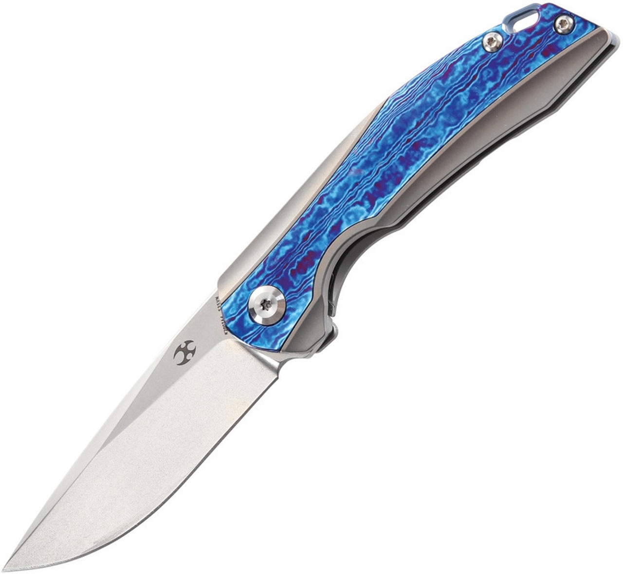 Kansept Knives Mini Accipiter (K2007A4) 2.9" CPM-S35VN Stonewashed Drop Point Plain Blade, Gray Titanium Handle with Blue Timascus Inlay