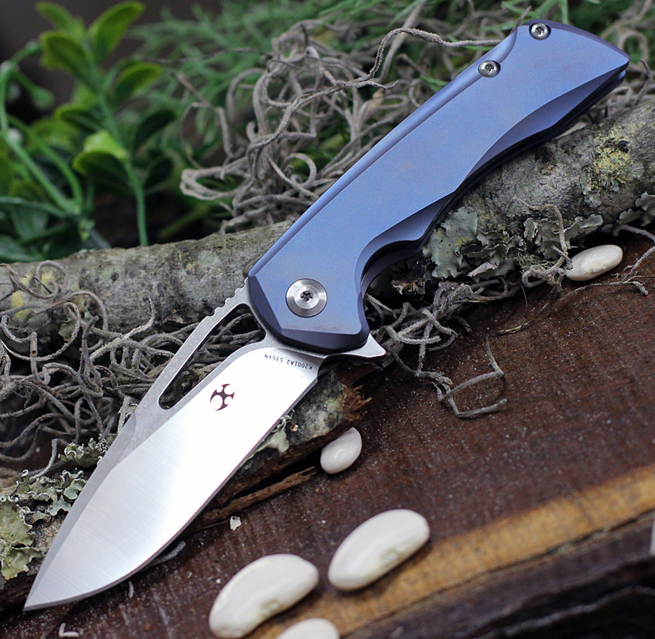 Kansept Knives Mini Kryo (K2001A2) 2.9" CPM-S35VN Stonewashed Drop Point Plain Blade, Blue Anodized Titanium Handle