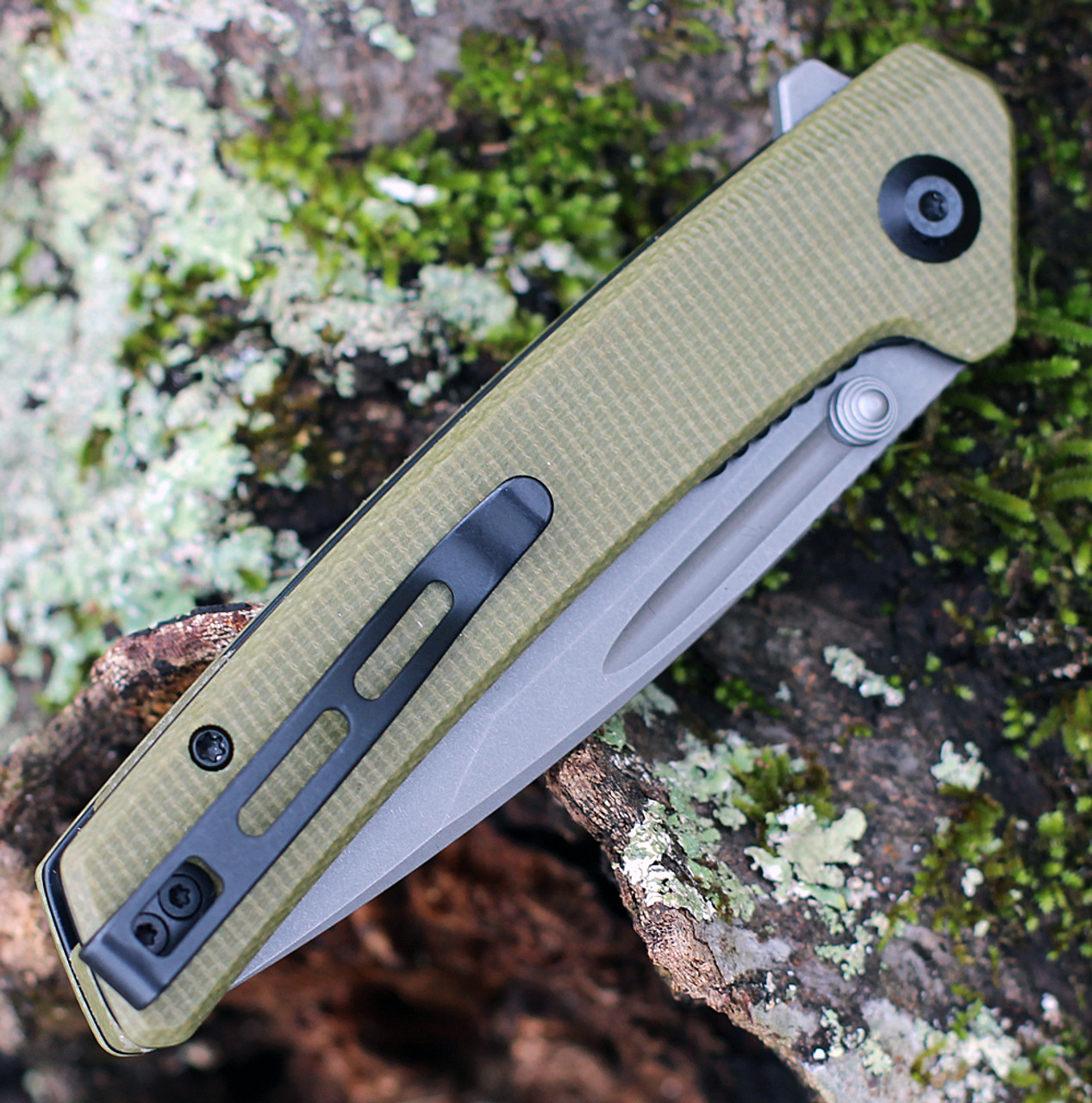 CIVIVI Keen Nadder Folding Knife (C2021C)- 3.48" Stonewashed N690 Tanto Blade, Olive Micarta Handles