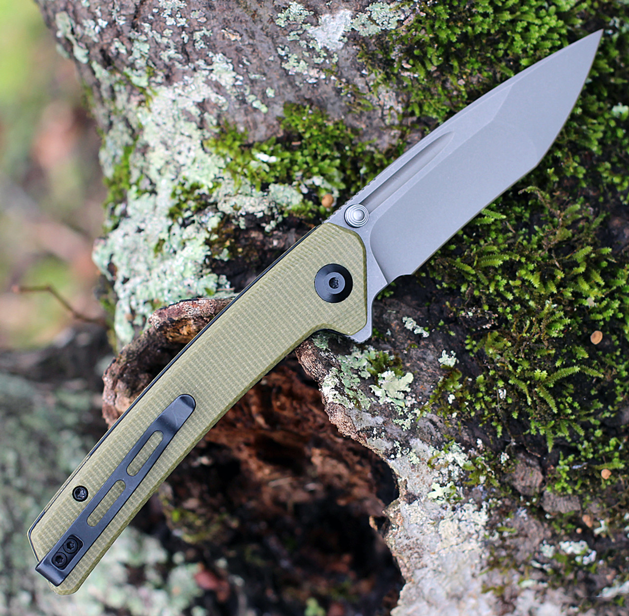 CIVIVI Keen Nadder Folding Knife (C2021C)- 3.48" Stonewashed N690 Tanto Blade, Olive Micarta Handles