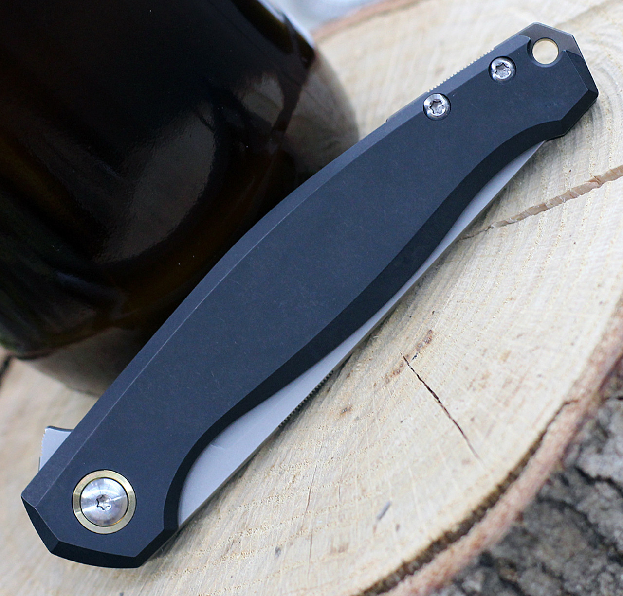 GiantMouse ACE Sonoma Frame Lock Knife, 3.3" Stonewash M390 Drop Point Blade, Black PVD Titanium Handle