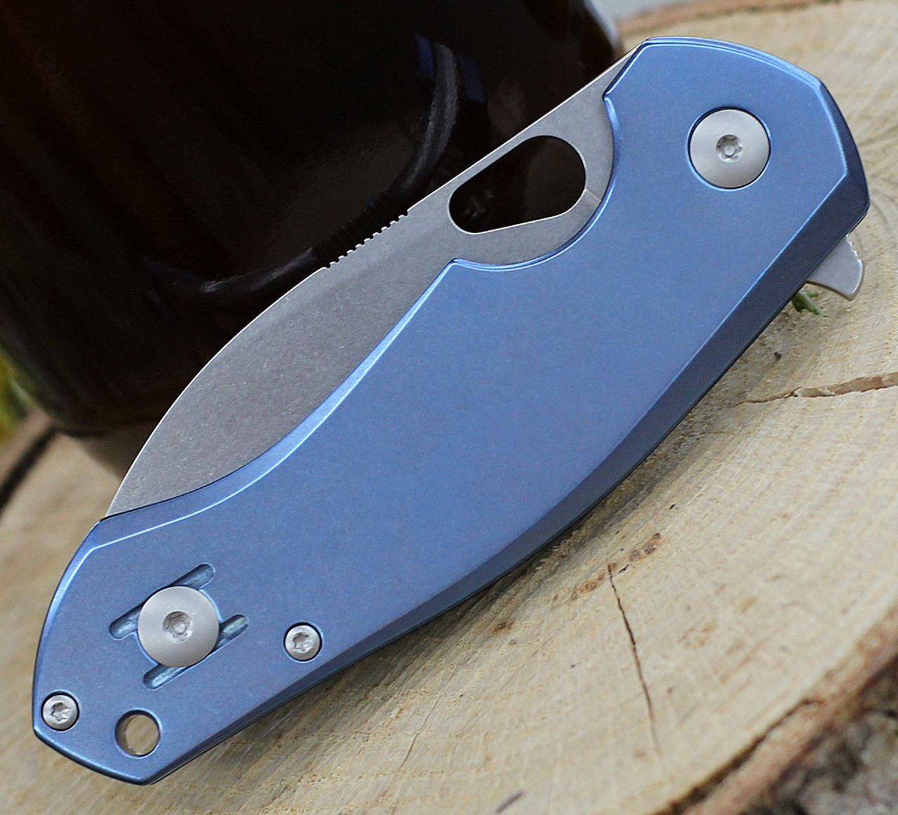GiantMouse ACE Biblio Flipper, 2.9" Stonewashed M390 Drop Point Blade, Blue Titanium Handle