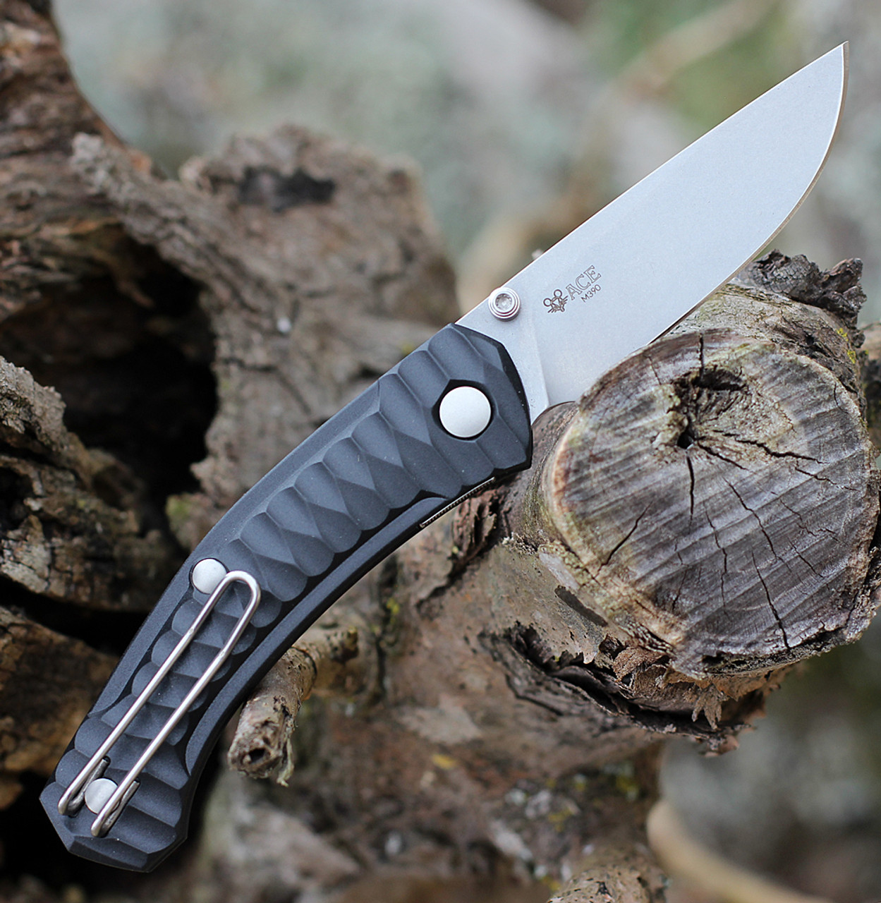GiantMouse ACE Iona Liner Lock, 2.9" Stonewashed M390 Drop Point Blade, Anso Textured Black FRN Handle