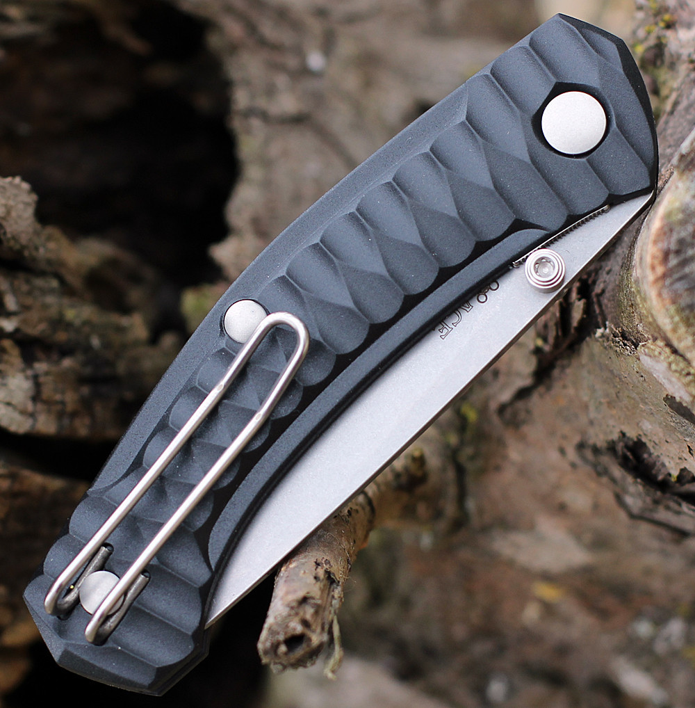 GiantMouse ACE Iona Liner Lock, 2.9" Stonewashed M390 Drop Point Blade, Anso Textured Black FRN Handle