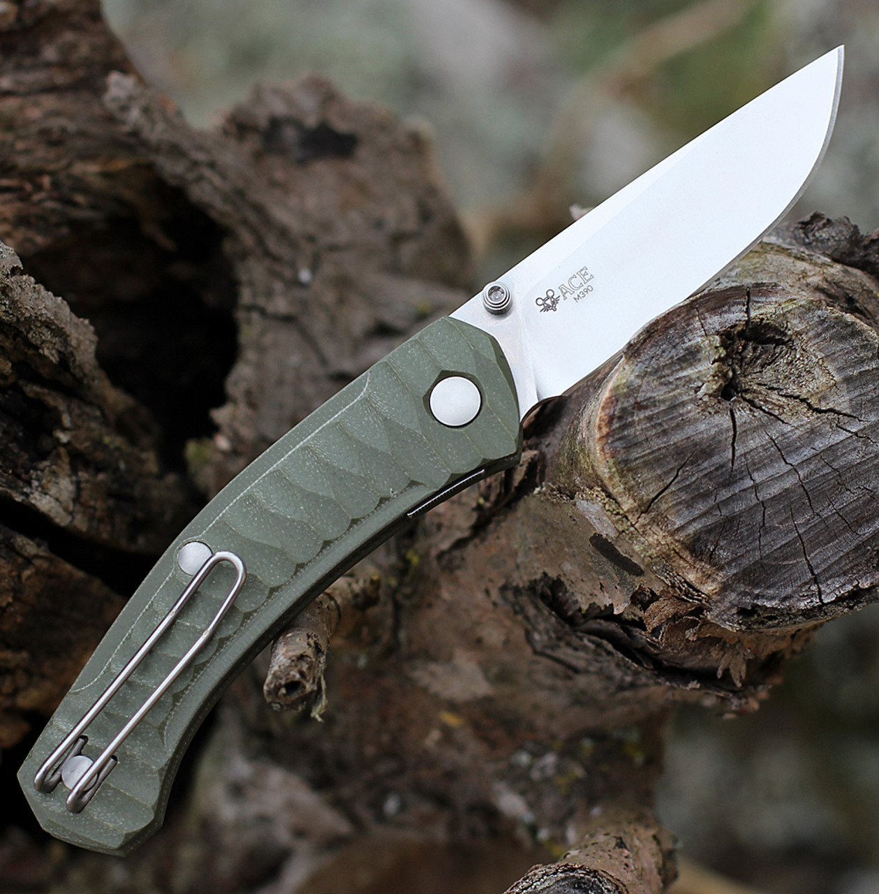 GiantMouse ACE Iona Liner Lock, 2.9" Satin M390 Drop Point Blade,  Anso Textured Green G-10 Handle