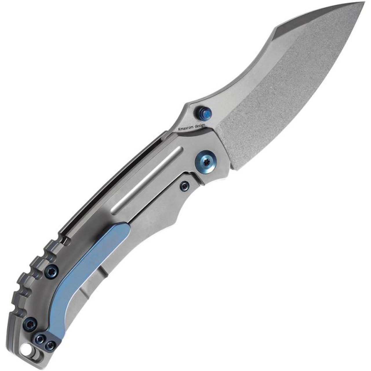 Kansept Knives Pelican (K1018A3) 3" CPM-S35VN Stonewashed Drop Point Plain Blade, Gray 6AL4V Titanium Handle with Blue Accents