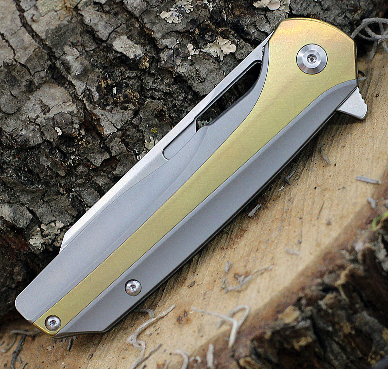 Kansept Knives Shard (K1006A2) 3.5" CPM-S35VN Satin Wharncliffe Plain Blade, Gray and Bronze Titanium Handle
