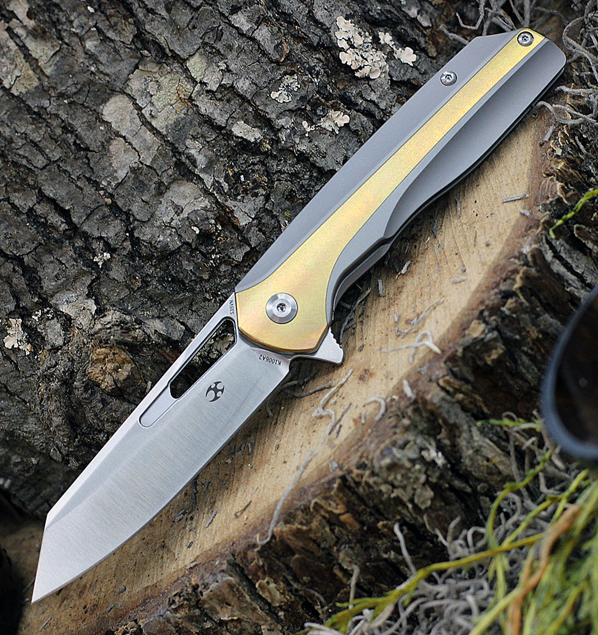 Kansept Knives Shard (K1006A2) 3.5" CPM-S35VN Satin Wharncliffe Plain Blade, Gray and Bronze Titanium Handle