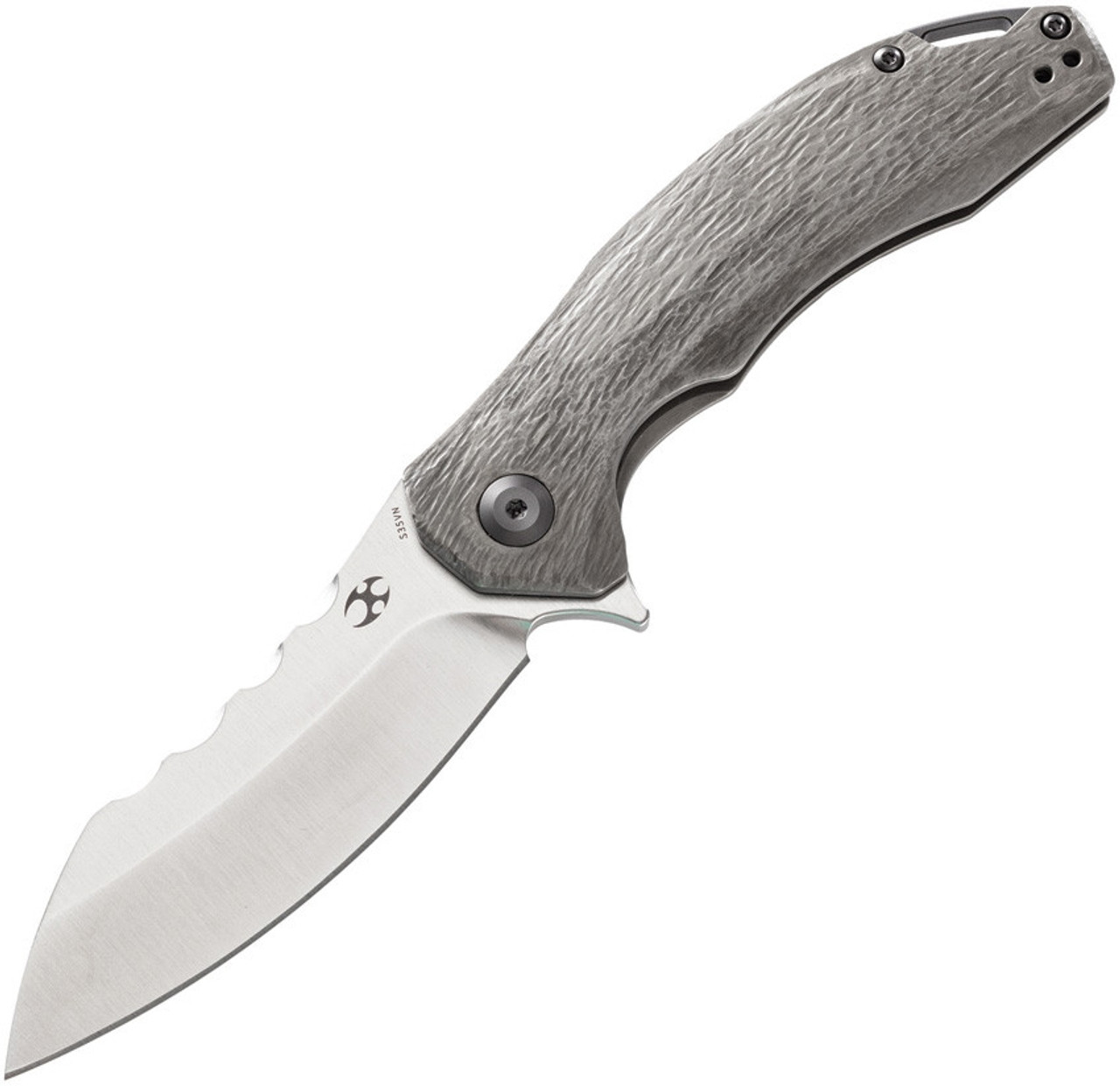 Kansept Knives Spirit (K1002W) 3.5" CPM-S35VN Satin Wharncliffe Plain Blade, Gray Wood Grain Sculpted Titanium Handle