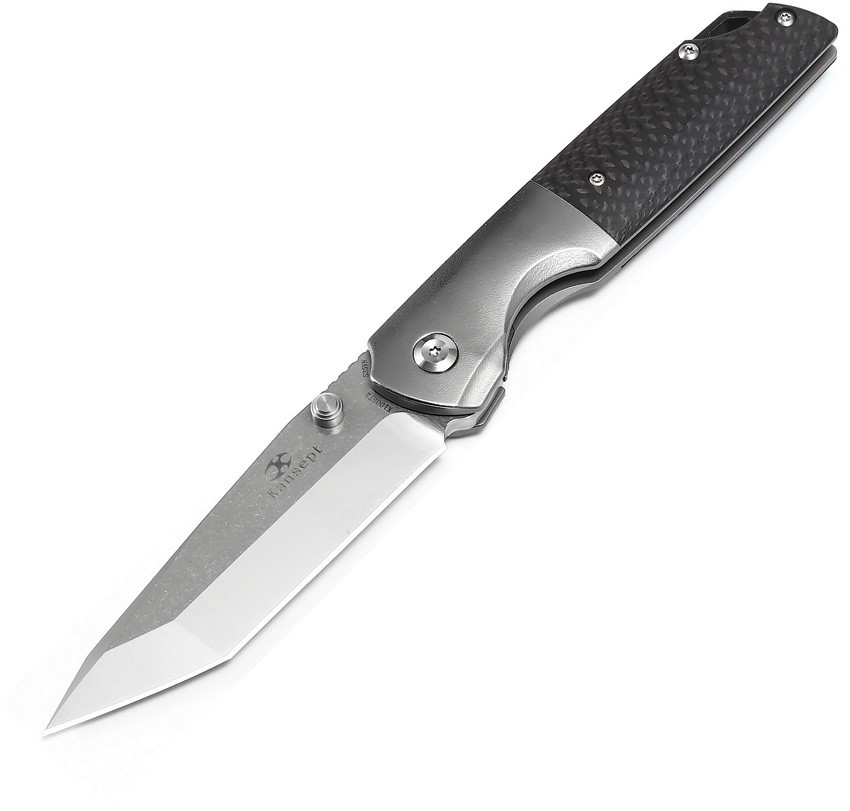 Kansept Knives Warrior (K1005T2) 3.46" CPM-S35VN Stonewashed Tanto Plain Blade, Black Titanium/Carbon Fiber Handle