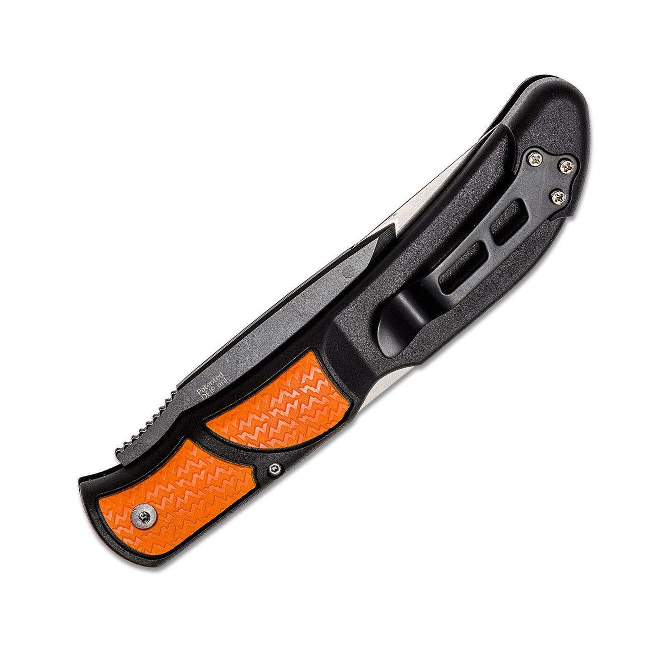 Outdoor Edge RazorBone Folding Knife RBB-20C, 6 Replaceable Blade Combo Set, Orange TPR Handles, Camo Nylon Sheath