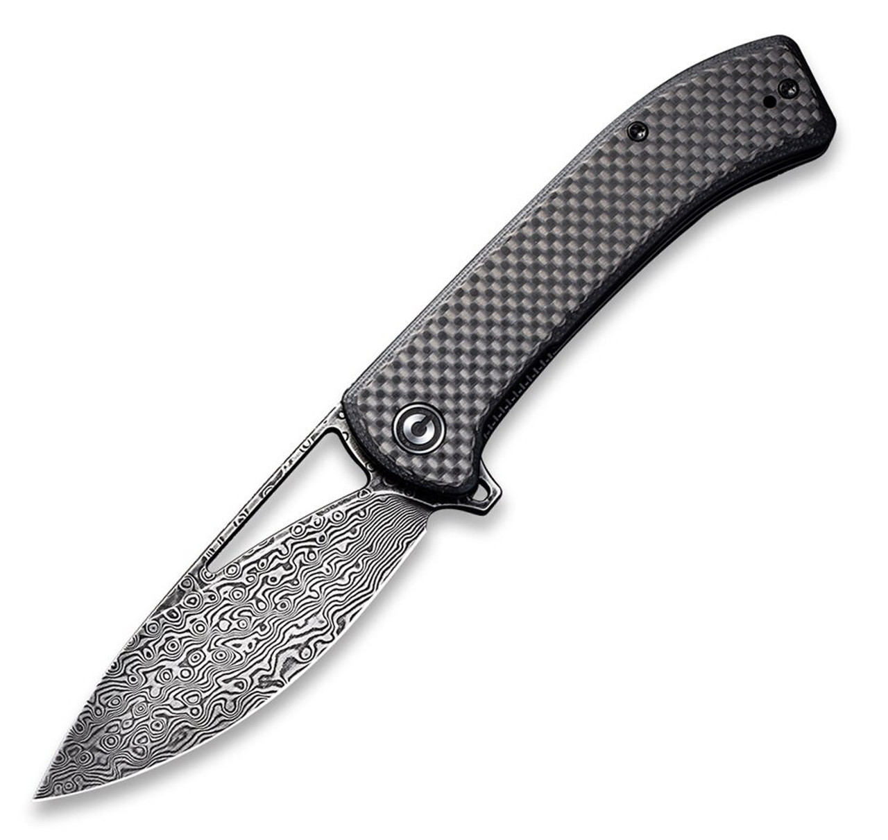 CIVIVI Riffle Folding Knife (C2024DS-1)- 3.46" Damascus Drop Point Blade, Black G-10 and Twill Carbon Fiber Overlay Handles