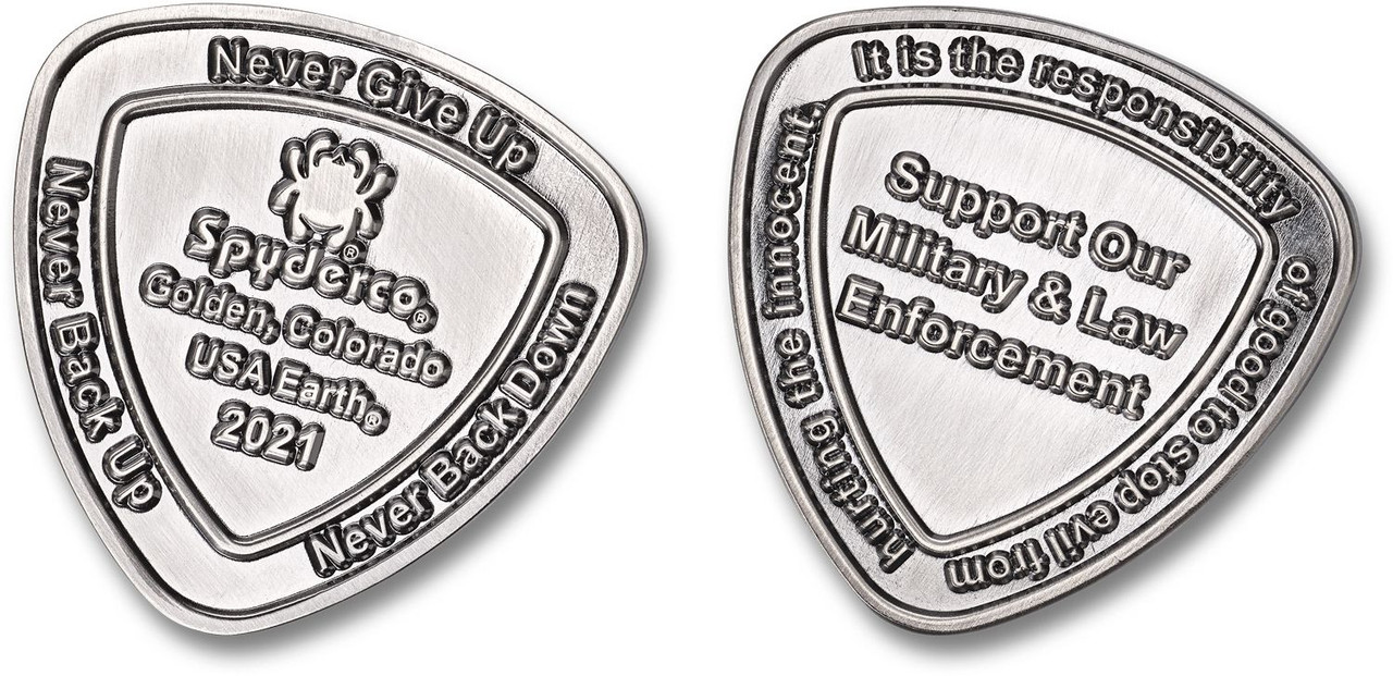Spyderco Spydercoin 2021 Challenge Coin COIN2021, Never Give Up, Never Back Up, Never Back Down, Support Our Military & Law Enforcement