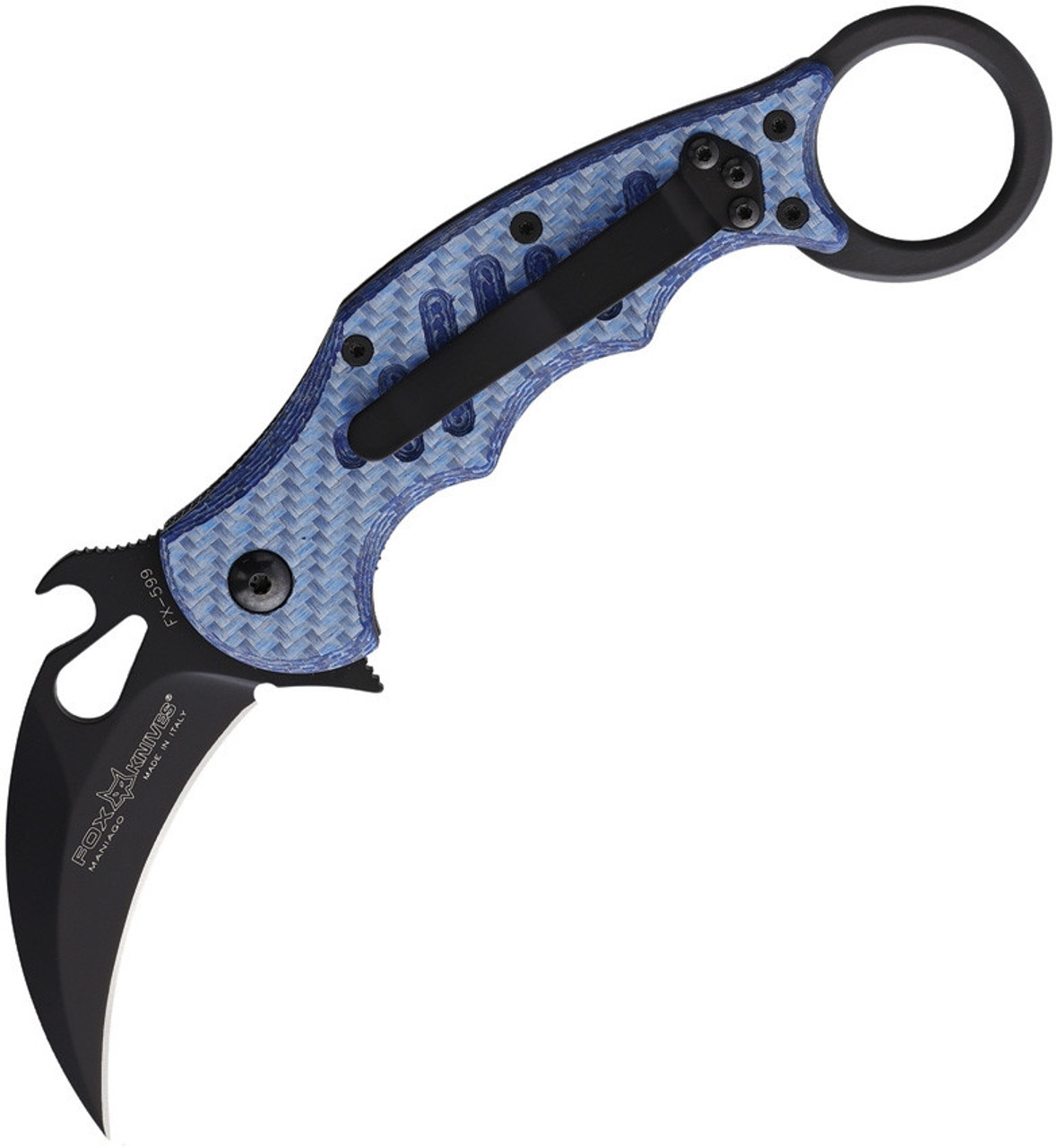 FOX Knives Karambit Folder FX 599 BLT, 2.5" Bohler N690 Black Hawkbill Blade,  Blue Twill Carbon Fiber Handle, emerson, flipper