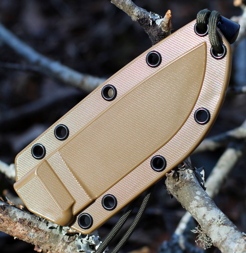The ESEE-4 Complete Sheath System (ESEE-21SS) shown with its coyote brown molded plastic sheath, matching clip plate, and black MOLLE back, designed for vertical or horizontal carry of the ESEE-4.