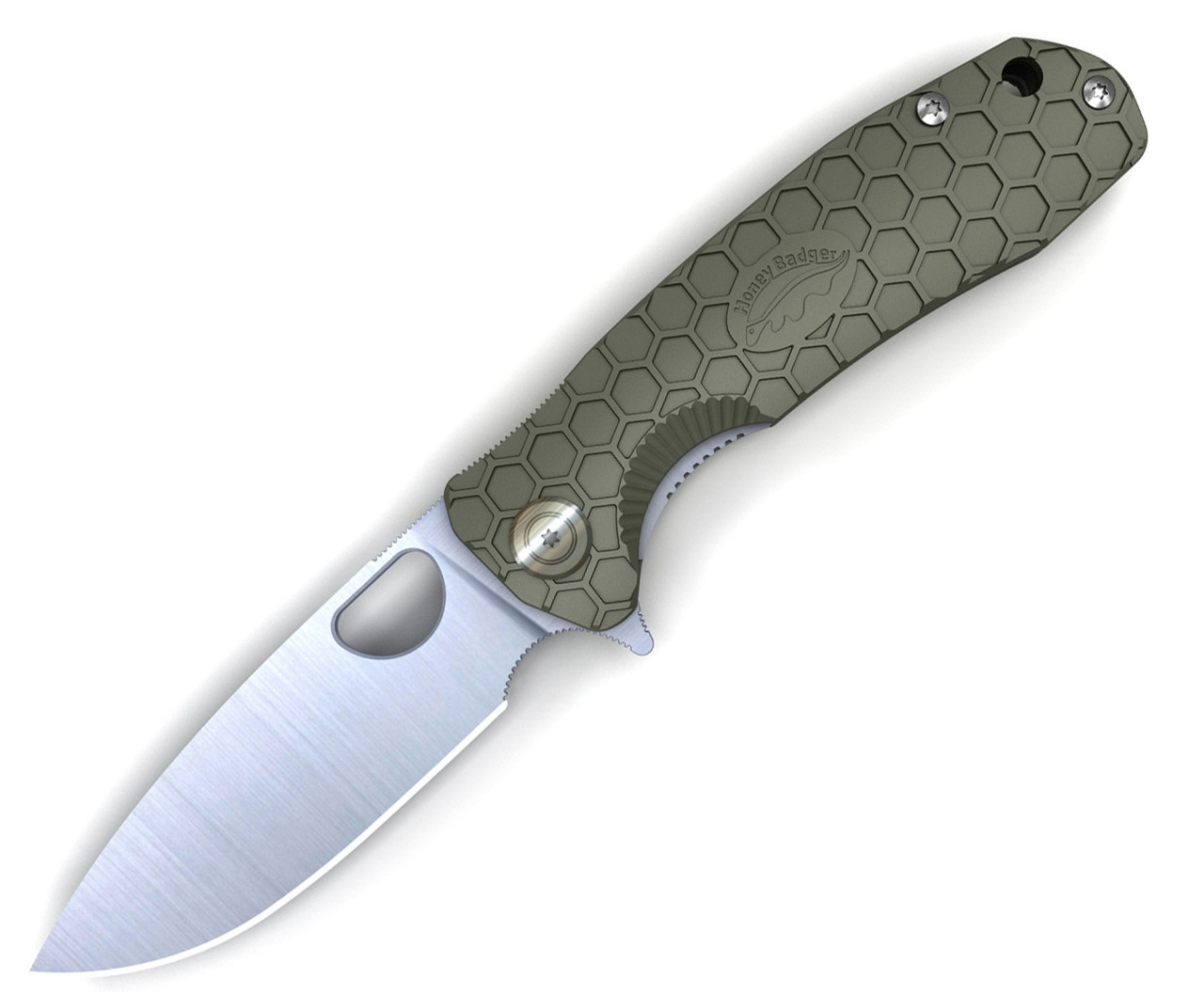 Honey Badger Knives Small Flipper HB1023, 2.81"  8Cr13MoV Satin Drop Point Plain Blade, Green FRN Handle