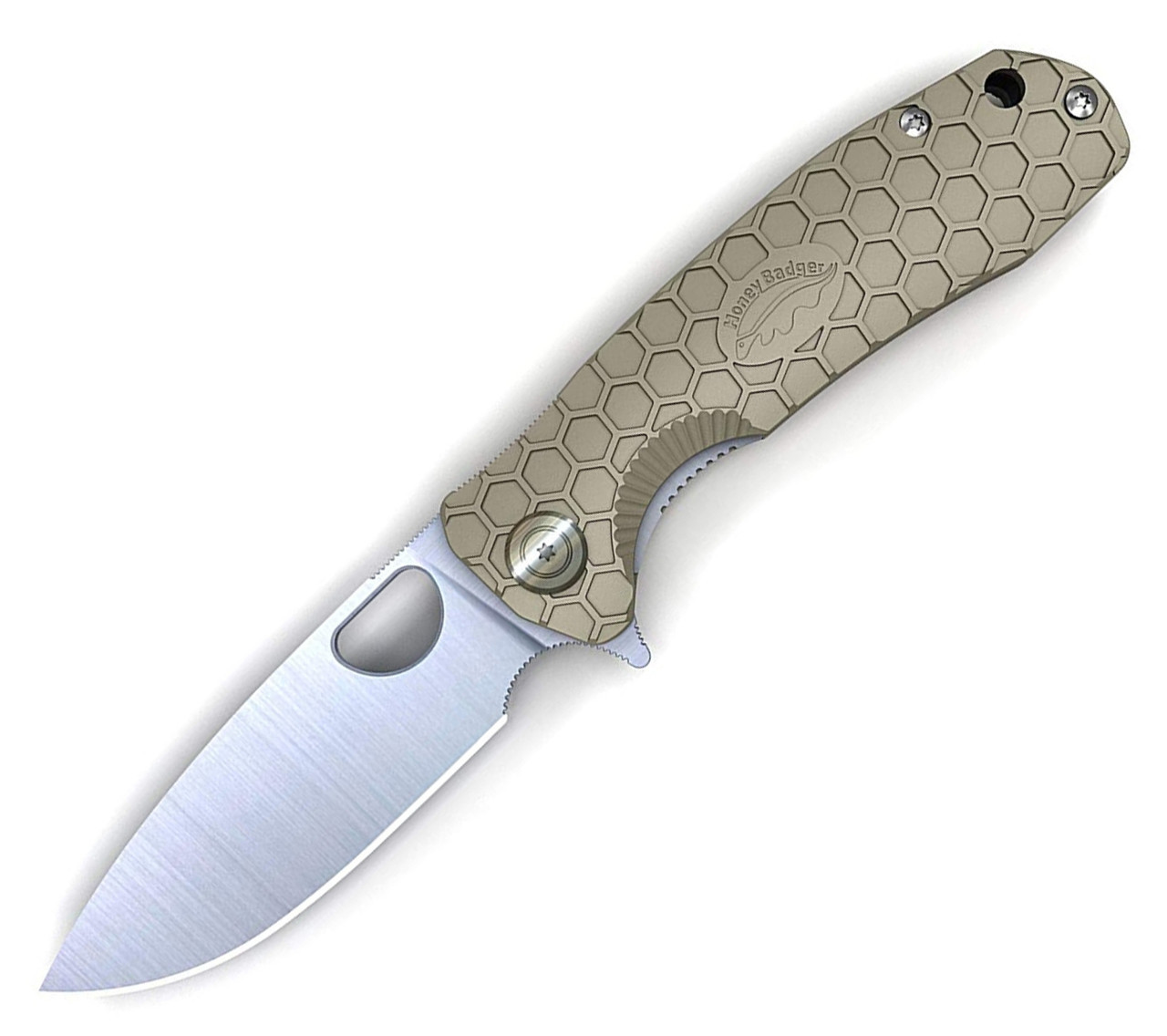 Honey Badger Knives Small Flipper HB1022, 2.81"  8Cr13MoV Satin Drop Point Plain Blade, Tan FRN Handle