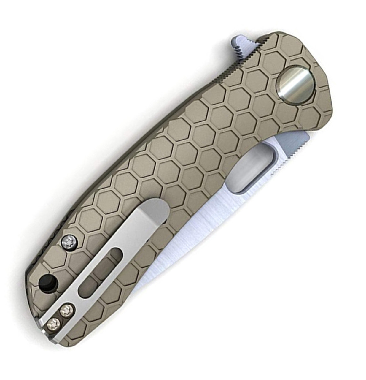 Honey Badger Knives Small Flipper HB1022, 2.81"  8Cr13MoV Satin Drop Point Plain Blade, Tan FRN Handle
