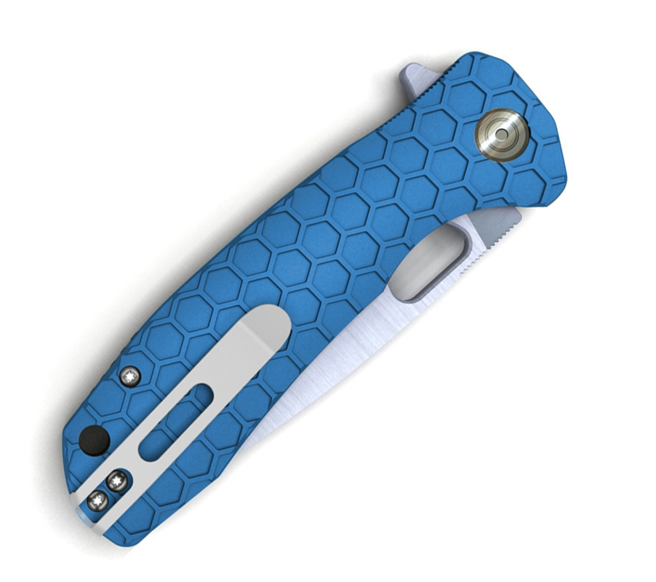 Honey Badger Knives Medium D2 Flipper HB1058, 3.19" D2 Satin Drop Point Plain Blade, Blue FRN Handle