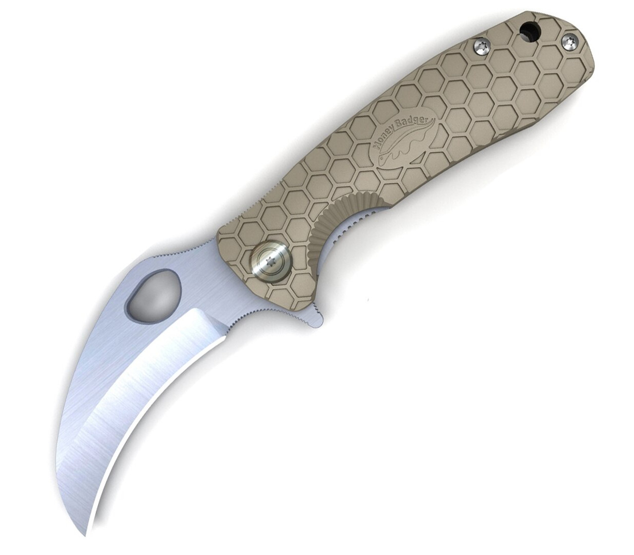 Honey Badger Knives Large Claw Flipper HB1102, 3.38" 8Cr13Mov Claw Smooth Plain Blade, Tan FRN Handle