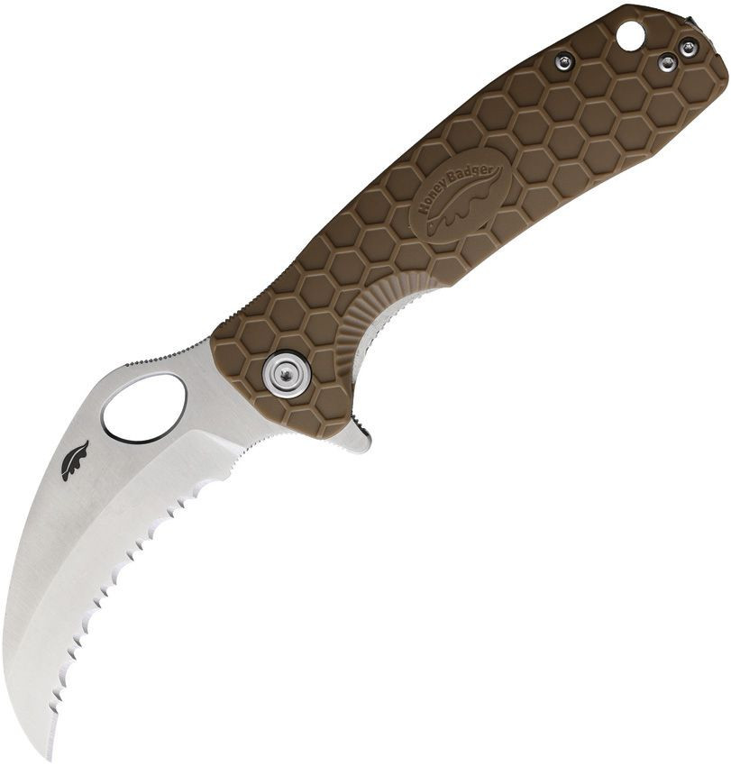 Honey Badger Knives Large Claw Flipper HB1112, 3.38" 8Cr13Mov Claw Serrated Blade, Tan FRN Handle