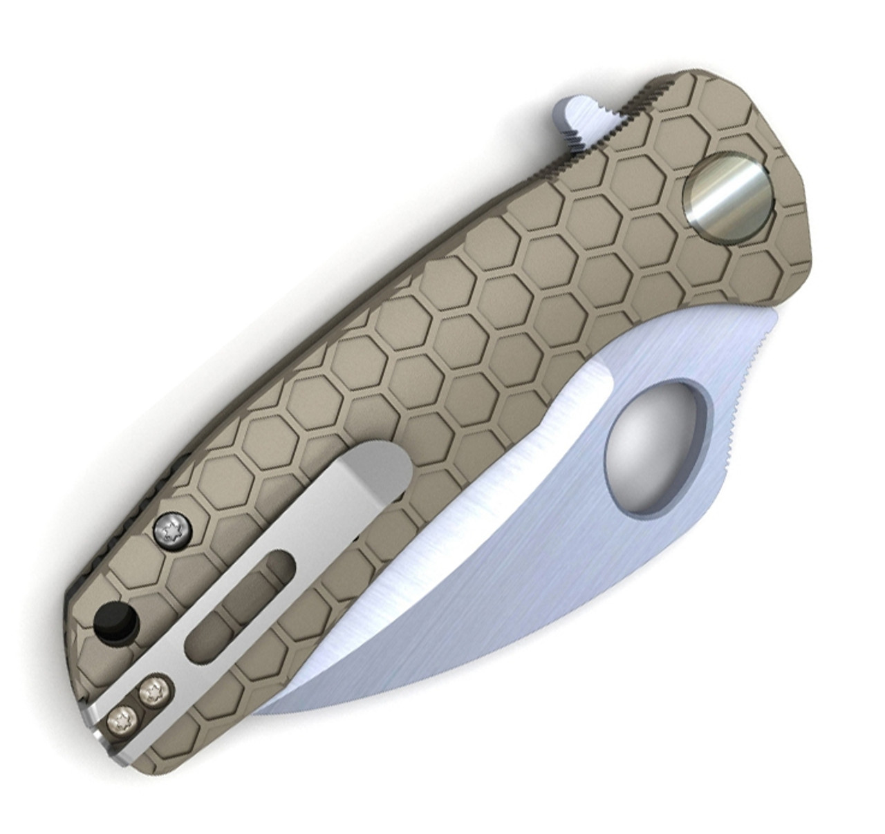 Honey Badger Knives Medium Claw Flipper HB1132, 3.0" 8Cr13Mov Claw Serrated Blade, Tan FRN Handle