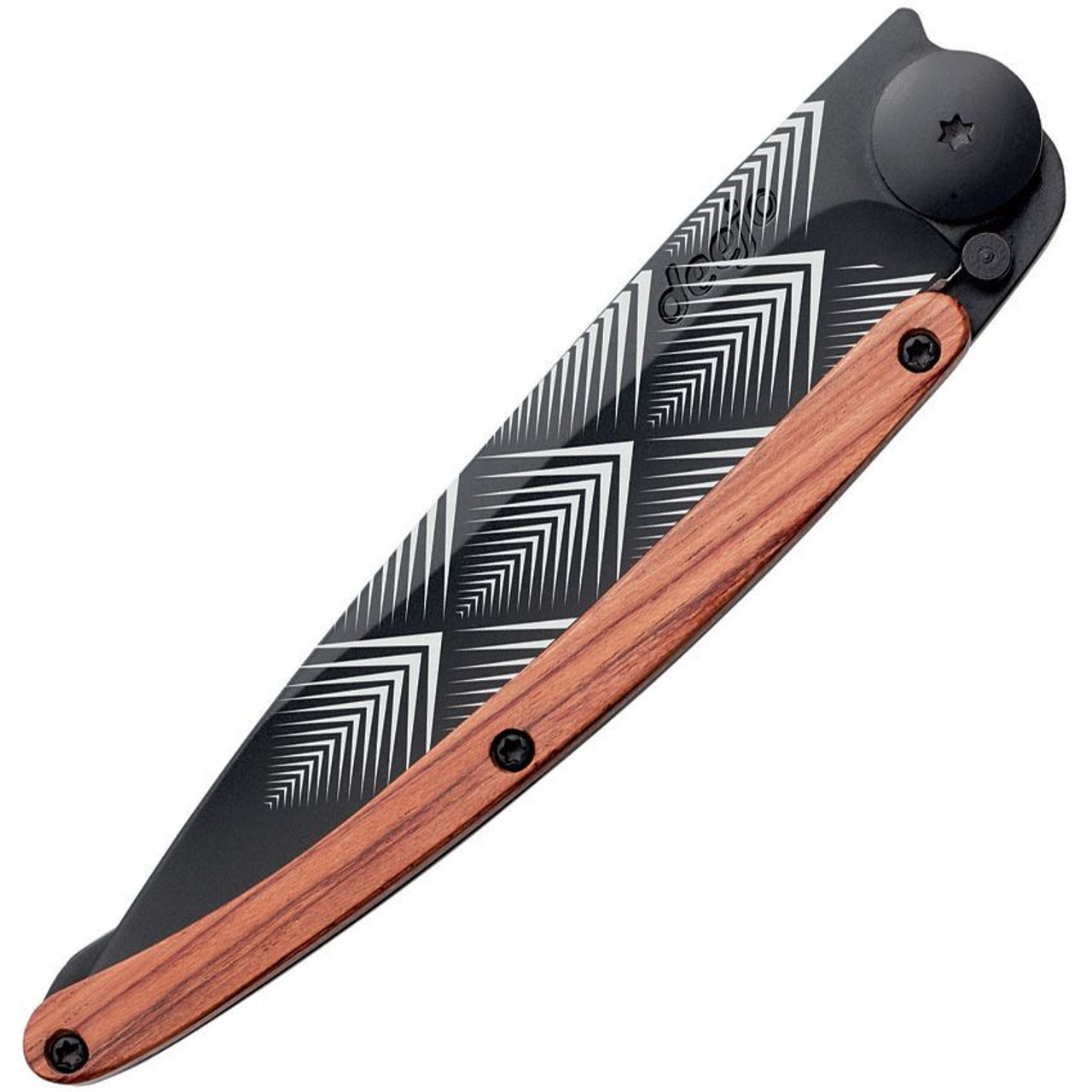 Deejo 27g Tattoo Art Deco DEE9GB101, 3" Z40C13 Black Titanium Coated Plain Blade, Coralwood Handle