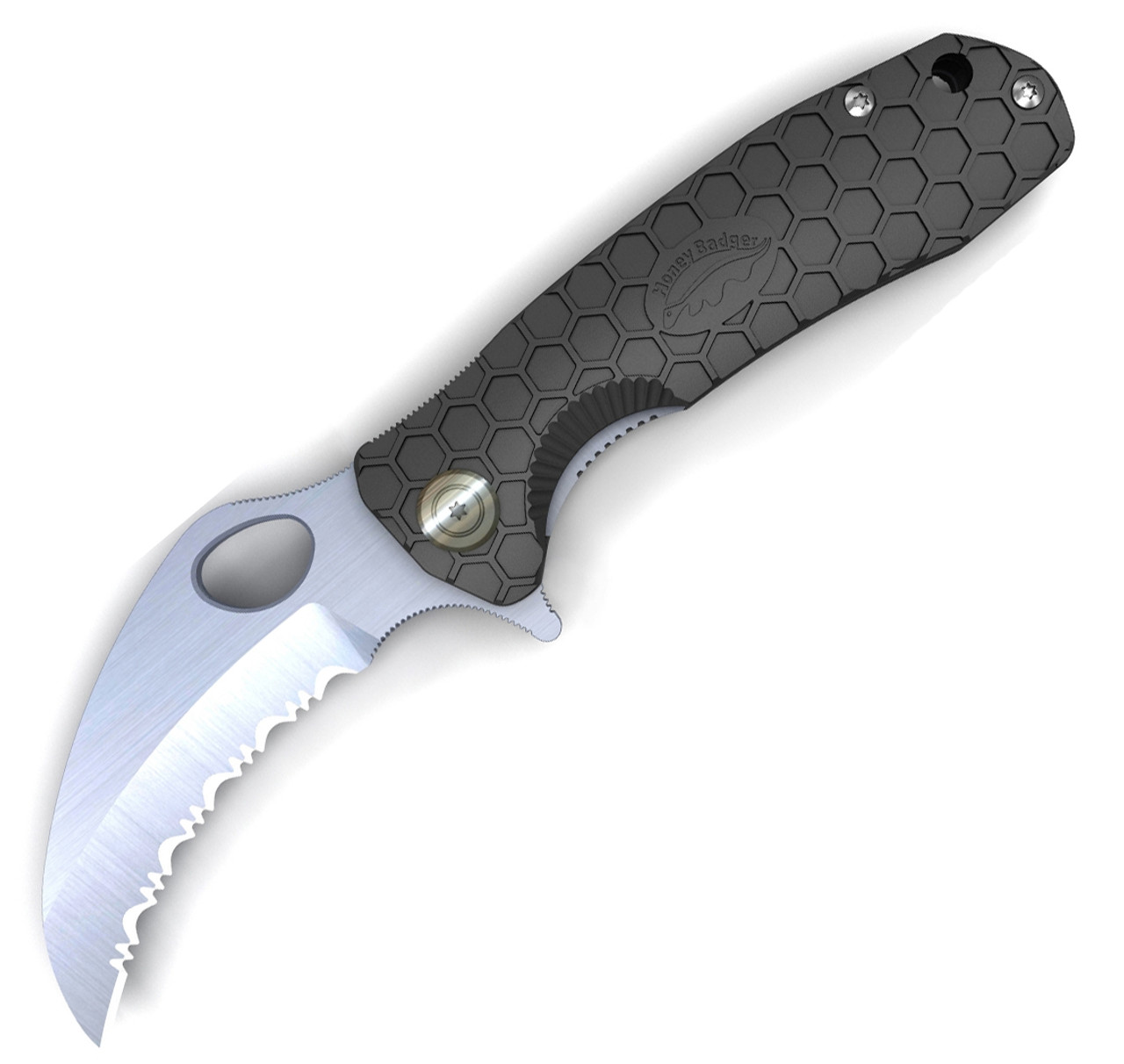 Honey Badger Knives Small Claw Flipper HB1151, 2.75" 8Cr13Mov Claw Serrated Blade, Black FRN Handle