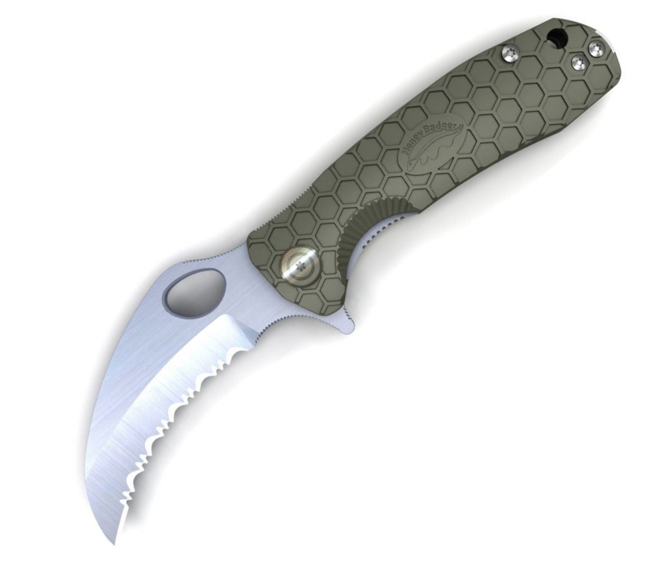 Honey Badger Knives Small Claw Flipper HB1153, 2.75" 8Cr13Mov Claw Serrated Blade, Green FRN Handle