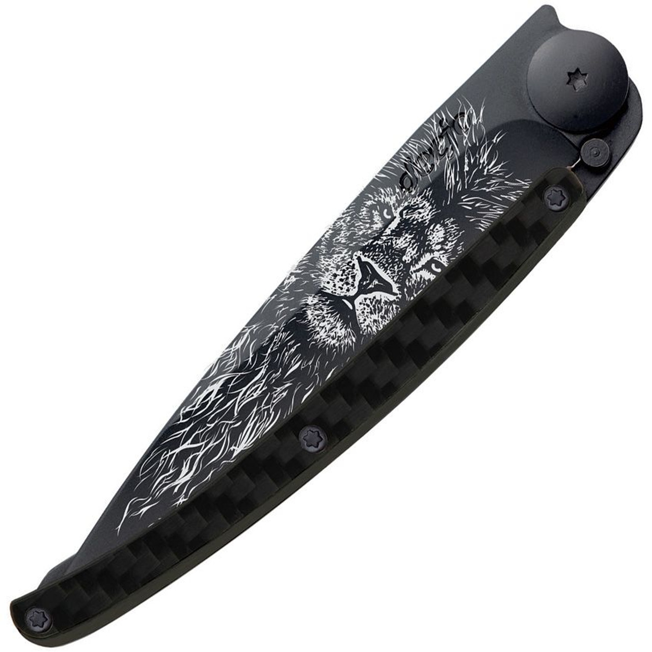 Deejo 37g Tattoo Lion DEE1GC106, 3.75" Z40C13 Black Titanium Plain Blade, Carbon Fiber Handle
