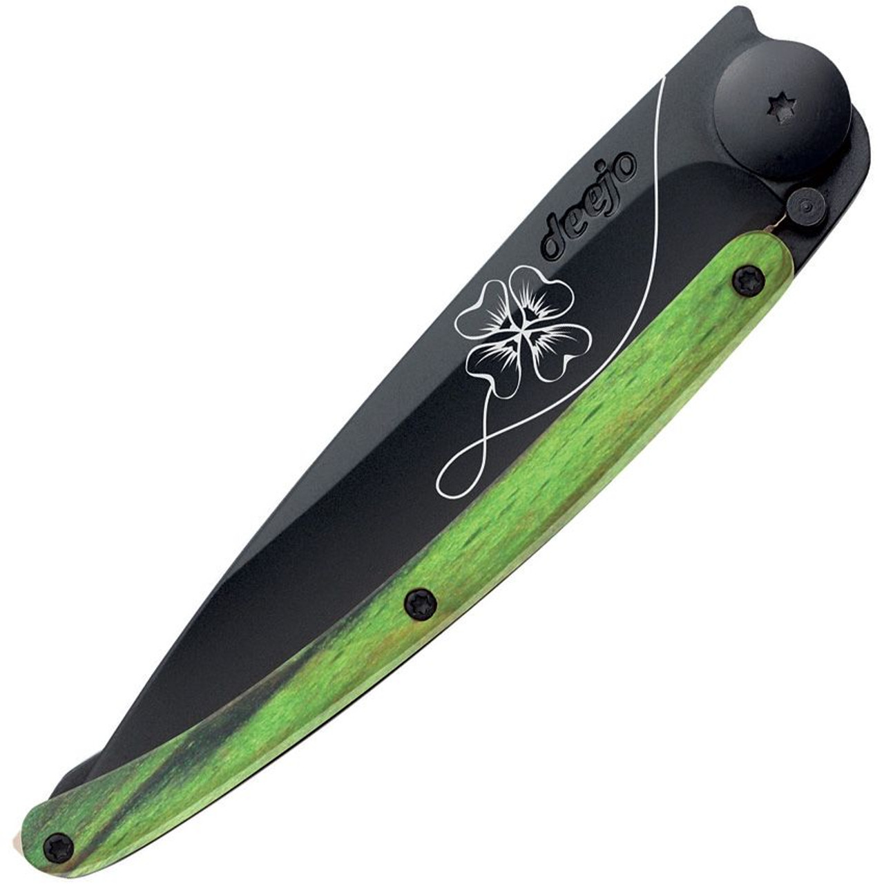 Deejo 37g Lucky Charm DEE1GB160, 3.75" Z40C13 Black Titanium Plain Blade, Green Beech Wood Handle