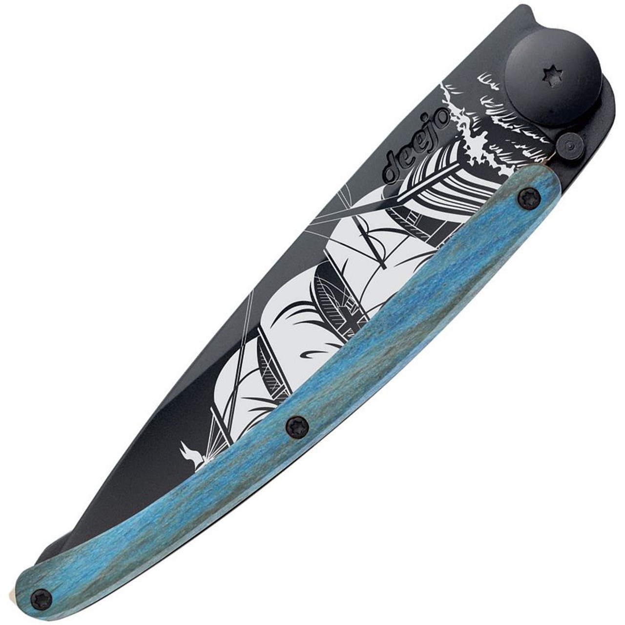 Deejo 37g Corsair DEE1GB159, 3.75" Z40C13 Black Titanium Plain Blade, Blue Beech Wood Handle