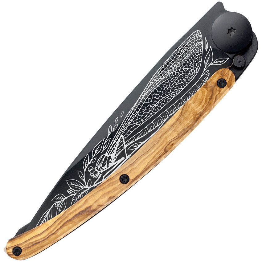 Deejo 37g Dragonfly DEE1GB154, 3.75" Z40C13 Black Titanium Plain Blade, Olive Wood Handle