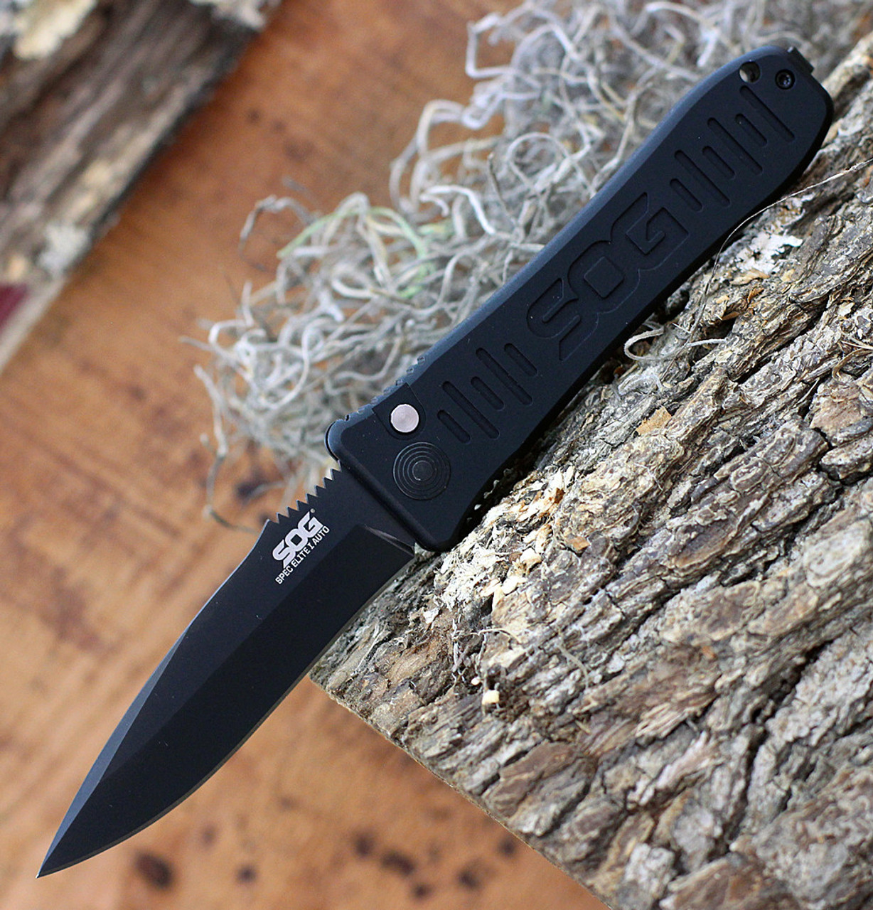 SOG Spec Elite I Auto SE-52, 3.5" Drop Point Black Blade, Black Aluminum Handle