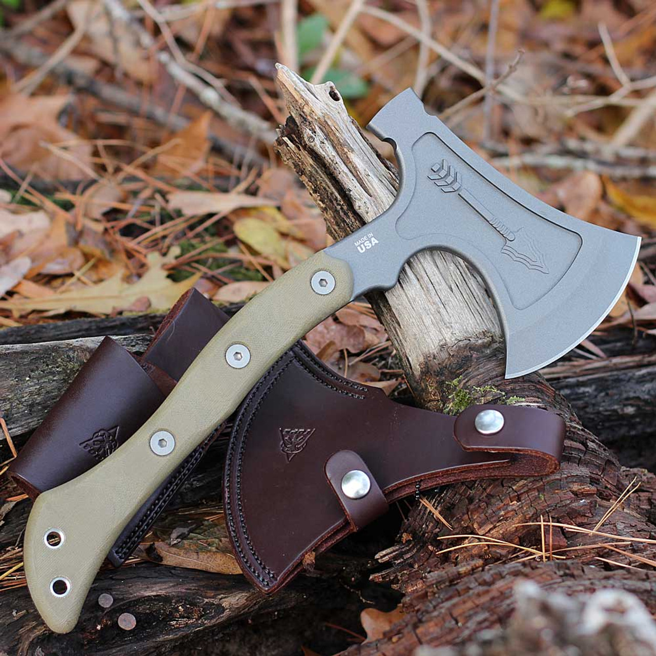TOPS Knives Hammer Hawk Axe HAMH-01, 14.5" Overall 1075 Gray Axe, OD Green Micarta Handle, Brown Leather Sheath