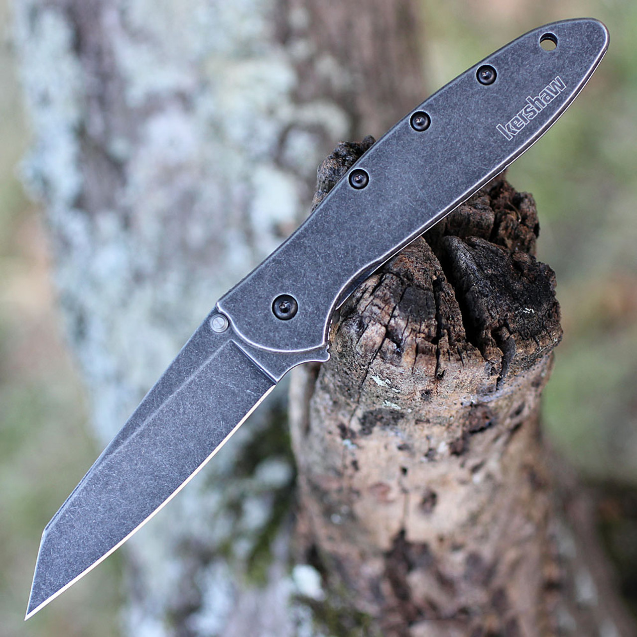 Kershaw Random Leek Assisted Opening Knife (1660RBW)- 3.00" Blackwashed 14C28N Reverse Tanto Blade, Blackwashed 410 Handle