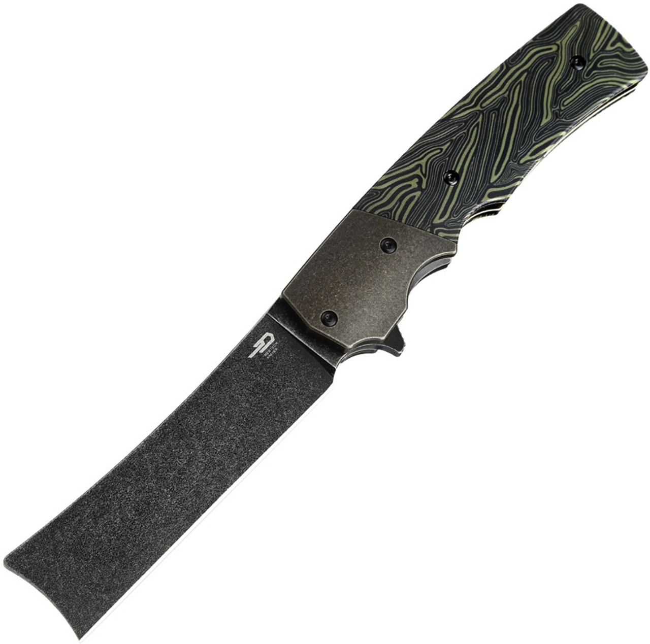 Bestech Knives Spanish Tip Razor BT2101E, 3.66" M390 Black PVD Coated Blade, Black & Green G-10 Handle with Titanium Bolsters