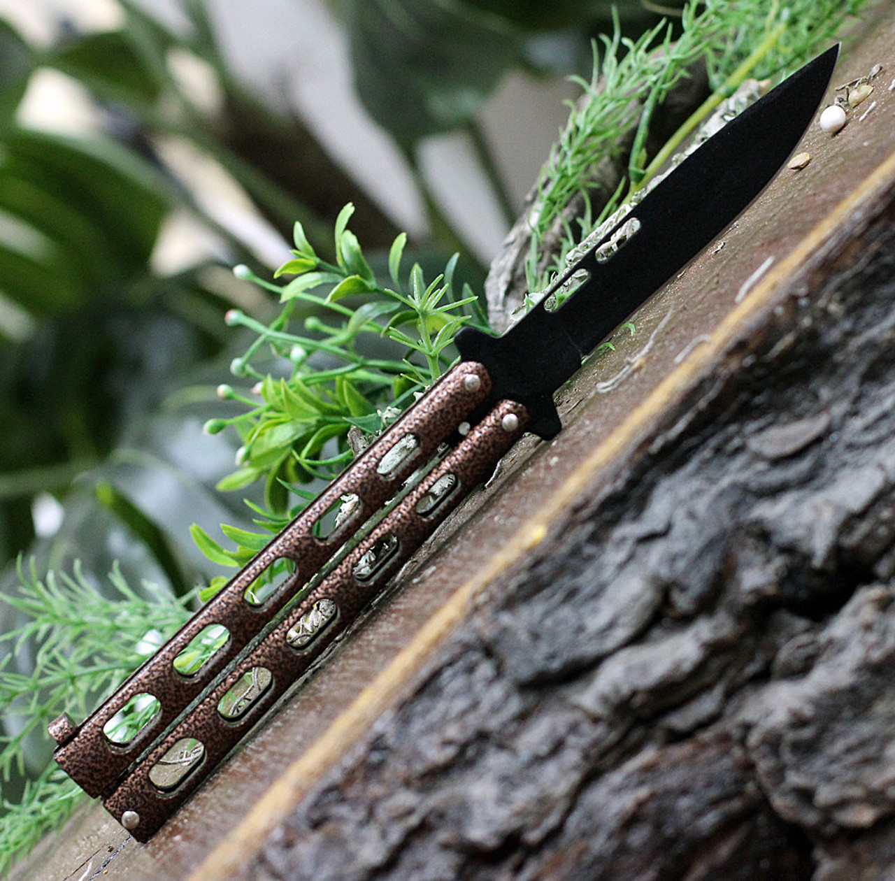 Bear & Son Anniversary Butterfly (BCANN115CV) 4" 440 Black Clip Point Plain Blade, Copper Vein Zinc Handle