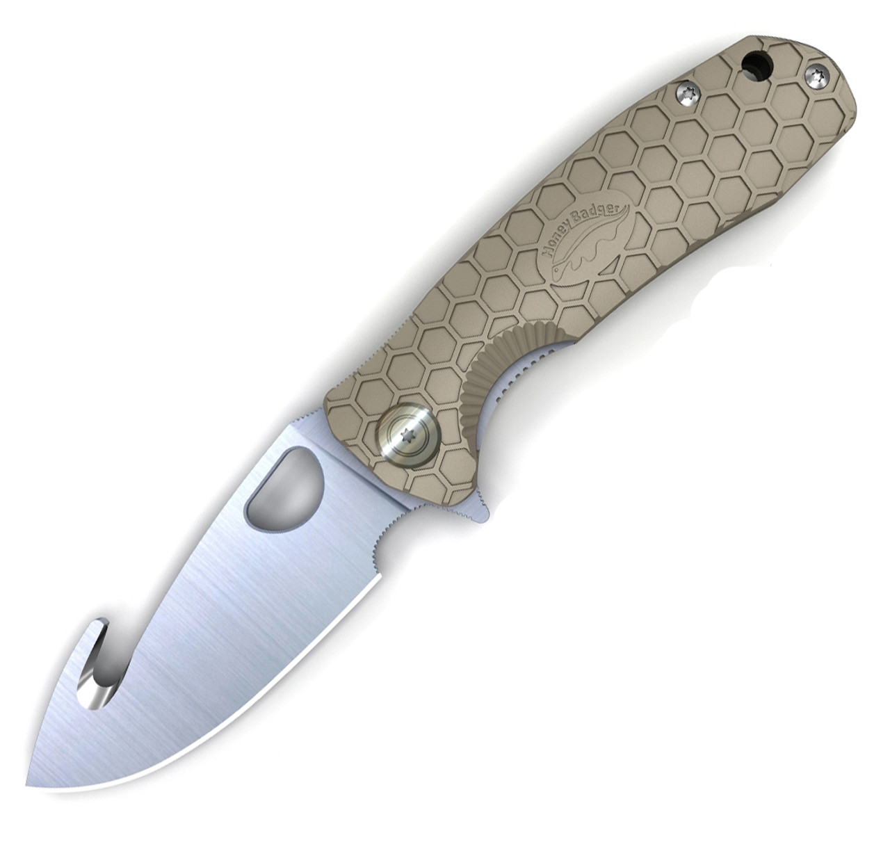 Honey Badger Knives Large Hook Flipper HB1252, 3.63" 8Cr13Mov Hook Blade, Tan FRN Handle