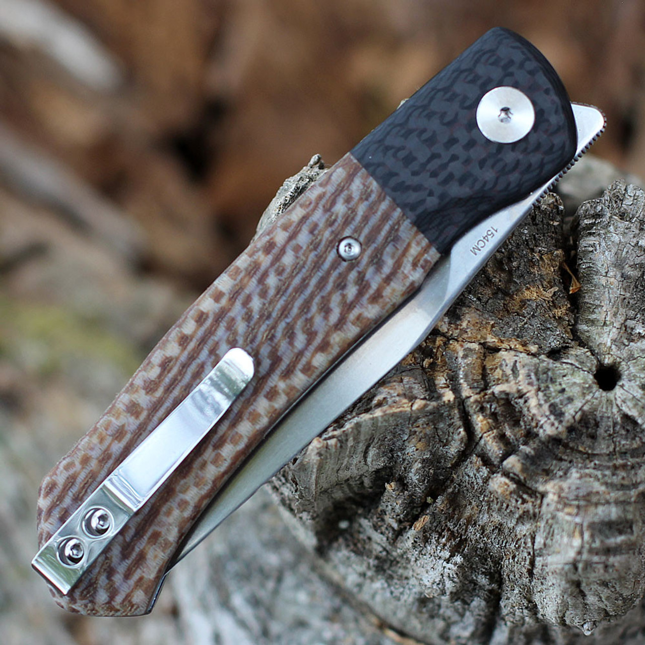 QSP Knife Gannet Folding Knife (QS137B) 3.25" 154CM Satin Drop Point Plain Blade, Tan Linen Micarta Handle w/ Red Carbon Fiber Bolster