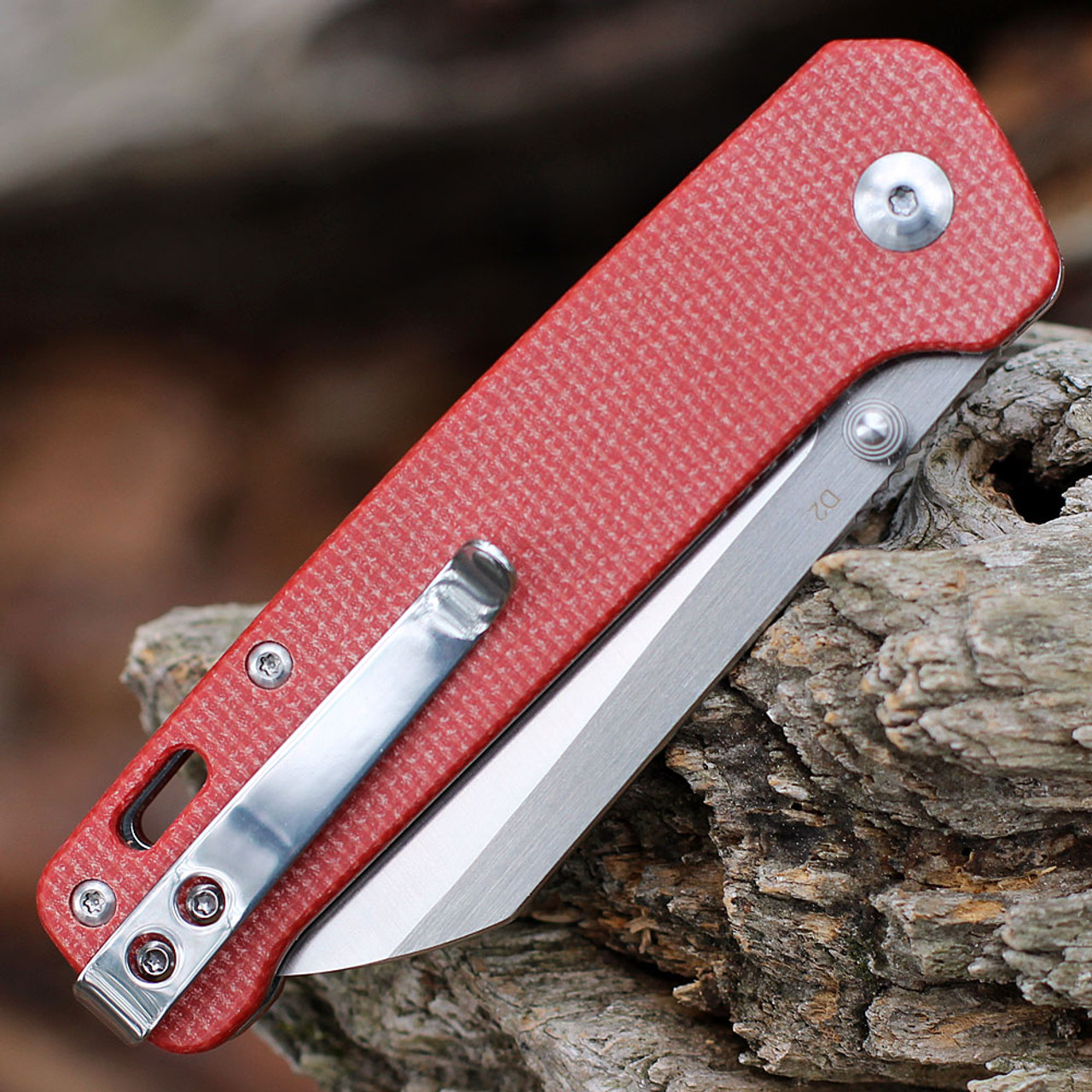 QSP Knife Penguin Folding Knife (QS130D) 3.06" D2 Two Tone Satin Sheepsfoot Plain Blade, Red Linen Micarta Handle