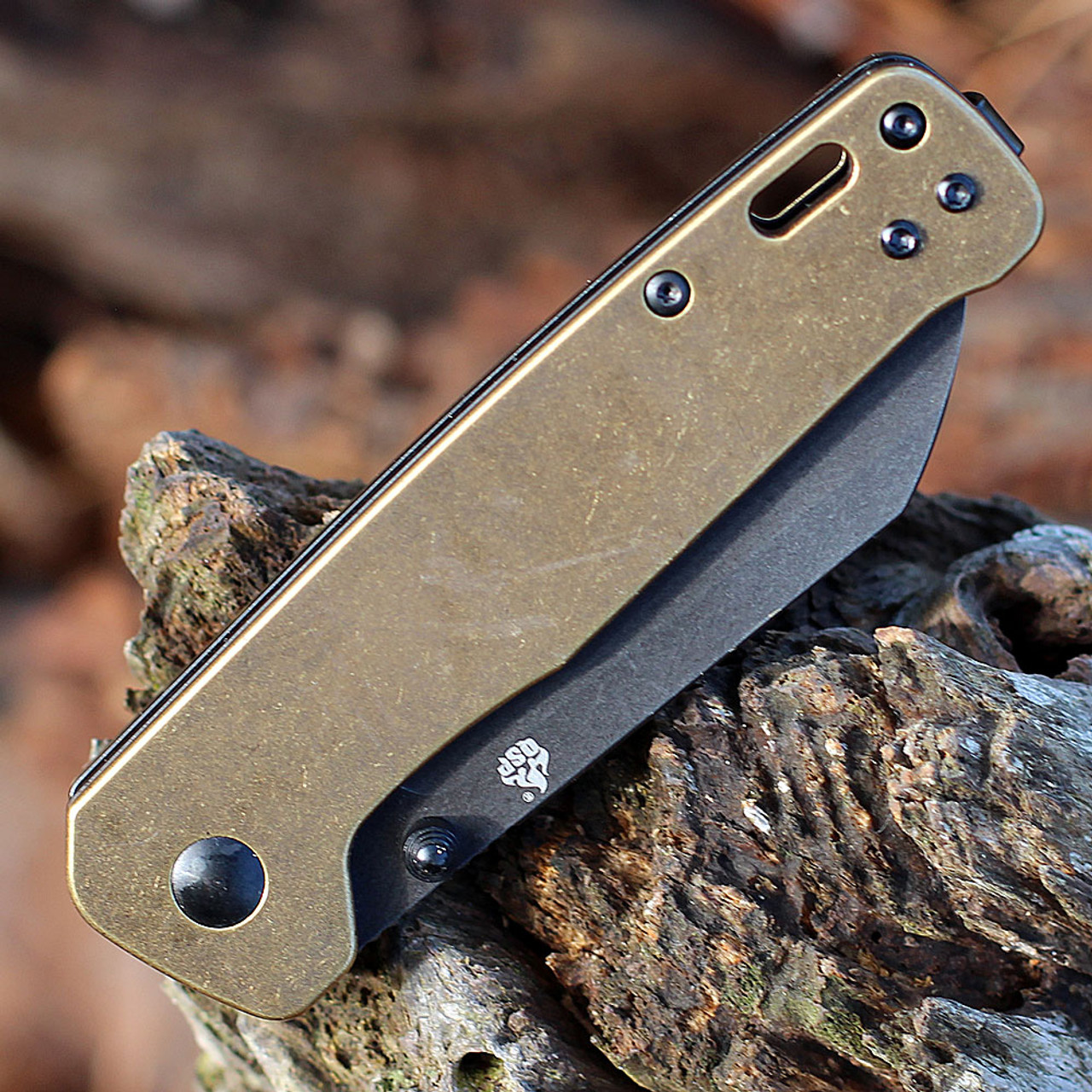 QSP Knife Penguin Folding Knife (QS130G) 3.06" D2 Black Stonewashed Sheepsfoot Plain Blade, Brass Handles